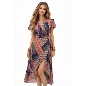 RAGA Patchwork Print‎ Wrap Midi Dress Short Flutter Sleeve Boho Festival Size S